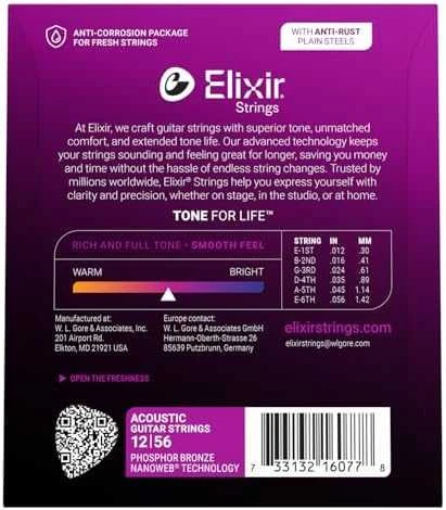 Elixir Strings Eliksyras Strings Eliksyras 16077 NanoWeb Phosphor Bronze 12-56 – Akustinės gitaros stygos
