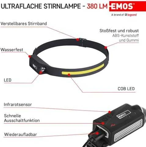 LED žibinuvėlis ant galvos įkraunamas, LED, šoninis 380lm, EMOS