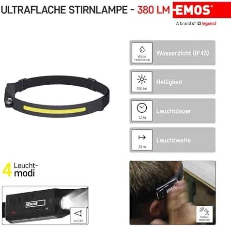 LED žibinuvėlis ant galvos įkraunamas, LED, šoninis 380lm, EMOS