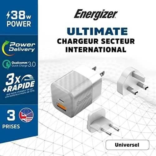 Energizer Ultimate - Multiplug EU / UK / US mains įkroviklis GaN 38W PD + QC3.0 sidabro spalvos