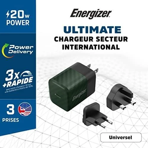 Energizer Ultimate - Multiplug EU / UK / US GaN 20W PD mains įkroviklis žalios spalvos