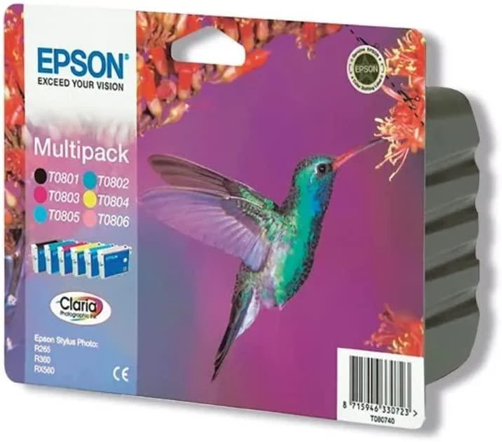 Epson Multipack 6 spalvų T0807 Claria fotografijos rašalo kasetė, Juodas, žydra, šviesiai žalsvai mėlyna, rausvai raudona, šviesiai purpurinė, geltona