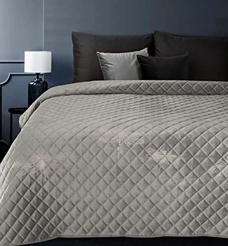 Eurofirany Dekoratyvinis aksominis lovos užtiesalas, 170x210 cm, botaniškas raštas, minkštas užpildas, miegamojo dekoras, sidabrinės auksinės laumžirgių dizainas, prabangi tekstilė Lovatiesė