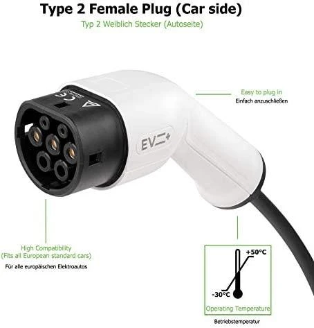 EV+ Charging Cable Type 2 to Type 2 32A 3 Phase 5m | EV+ | EV-CB-T2-32-3P-W | EV+ Charging Cable Type 2 to Type 2 32A 3 Phase | 5 m