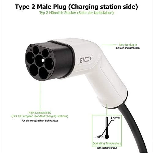 EV+ Charging Cable Type 2 to Type 2 32A 3 Phase 5m | EV+ | EV-CB-T2-32-3P-W | EV+ Charging Cable Type 2 to Type 2 32A 3 Phase | 5 m