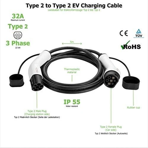 EV+ Charging Cable Type 2 to Type 2 32A 3 Phase 5m | EV+ | EV-CB-T2-32-3P-W | EV+ Charging Cable Type 2 to Type 2 32A 3 Phase | 5 m