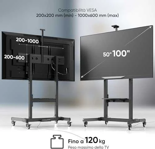 Laikiklis ONKRON mobiliojo televizoriaus stovas Riedantis televizoriaus krepšelis 50–100 colių ekranams iki 120 kg, juodas