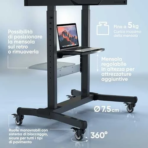 Laikiklis ONKRON mobiliojo televizoriaus stovas Riedantis televizoriaus krepšelis 50–100 colių ekranams iki 120 kg, juodas