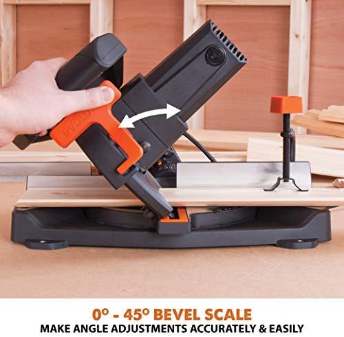 Evolution Power Tools kombinuota skersavimo pjūklas 1200 W 210 mm, R210CMS modelis, pjovimo kampai 45°, komplekte TCT diskas