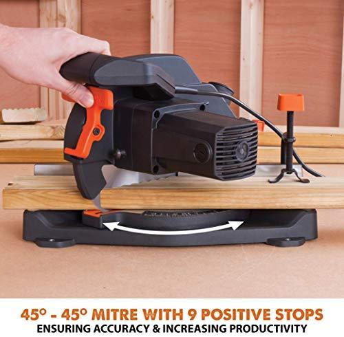 Evolution Power Tools kombinuota skersavimo pjūklas 1200 W 210 mm, R210CMS modelis, pjovimo kampai 45°, komplekte TCT diskas