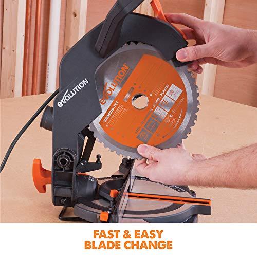 Evolution Power Tools kombinuota skersavimo pjūklas 1200 W 210 mm, R210CMS modelis, pjovimo kampai 45°, komplekte TCT diskas