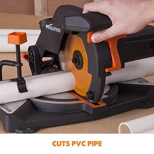 Evolution Power Tools kombinuota skersavimo pjūklas 1200 W 210 mm, R210CMS modelis, pjovimo kampai 45°, komplekte TCT diskas