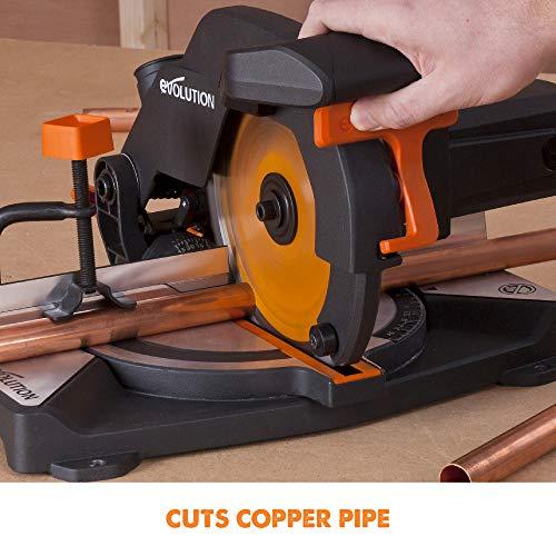 Evolution Power Tools kombinuota skersavimo pjūklas 1200 W 210 mm, R210CMS modelis, pjovimo kampai 45°, komplekte TCT diskas