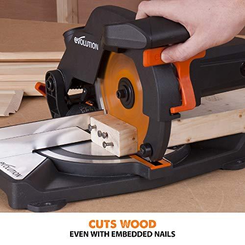 Evolution Power Tools kombinuota skersavimo pjūklas 1200 W 210 mm, R210CMS modelis, pjovimo kampai 45°, komplekte TCT diskas