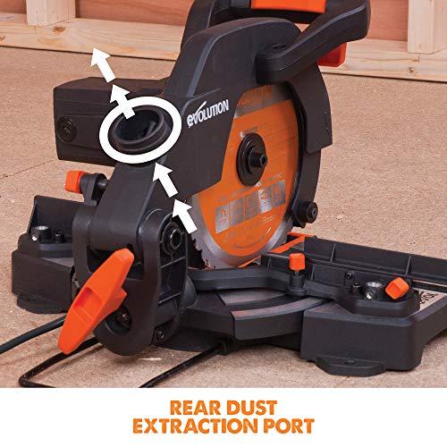 Evolution Power Tools kombinuota skersavimo pjūklas 1200 W 210 mm, R210CMS modelis, pjovimo kampai 45°, komplekte TCT diskas