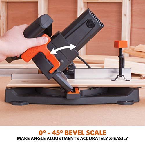 Evolution Power Tools kombinuota skersavimo pjūklas 1200 W 210 mm, R210CMS modelis, pjovimo kampai 45°, komplekte TCT diskas