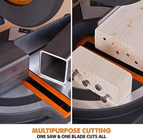 Evolution Power Tools kombinuota skersavimo pjūklas 1200 W 210 mm, R210CMS modelis, pjovimo kampai 45°, komplekte TCT diskas