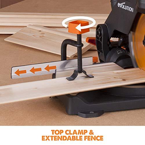 Evolution Power Tools kombinuota skersavimo pjūklas 1200 W 210 mm, R210CMS modelis, pjovimo kampai 45°, komplekte TCT diskas