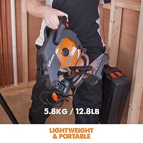 Evolution Power Tools kombinuota skersavimo pjūklas 1200 W 210 mm, R210CMS modelis, pjovimo kampai 45°, komplekte TCT diskas