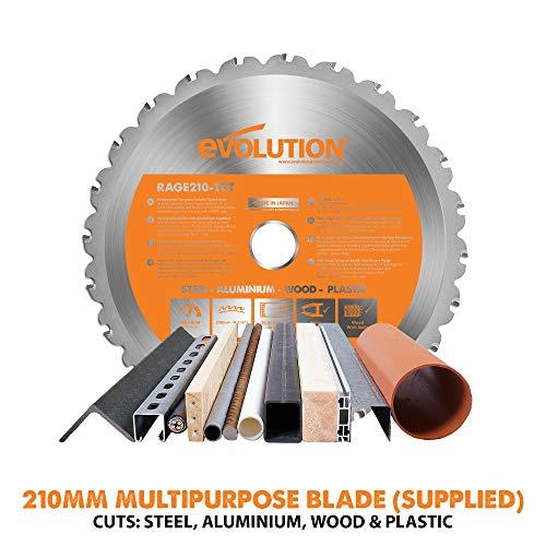 Evolution Power Tools kombinuota skersavimo pjūklas 1200 W 210 mm, R210CMS modelis, pjovimo kampai 45°, komplekte TCT diskas