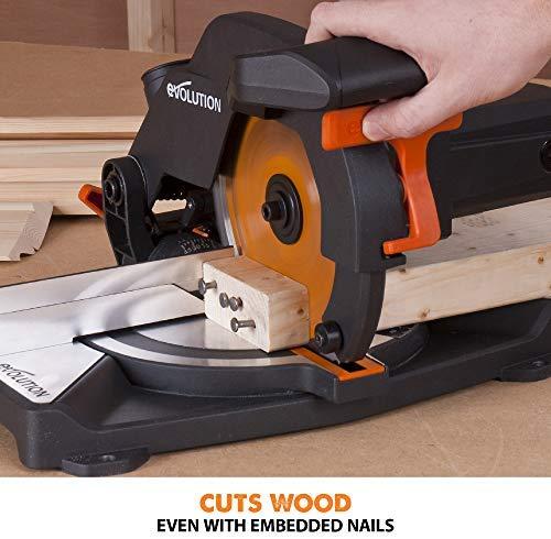 Evolution Power Tools kombinuota skersavimo pjūklas 1200 W 210 mm, R210CMS modelis, pjovimo kampai 45°, komplekte TCT diskas