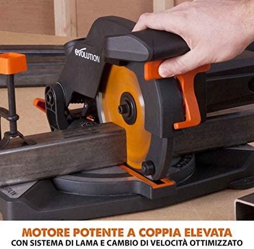 Evolution Power Tools kombinuota skersavimo pjūklas 1200 W 210 mm, R210CMS modelis, pjovimo kampai 45°, komplekte TCT diskas