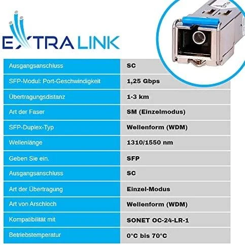 Šakotuvas EXTRALINK SFP 1.25G WDM 1310/1550nm SM 3km SC pora, skirta HP/Aruba
