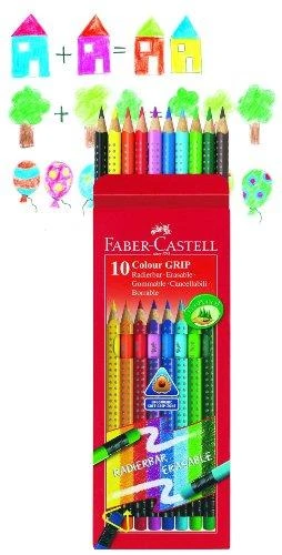 Spalvoti pieštukai Faber-Castell Grip 2001, tribriauniai, 10 spalvų su trintuku