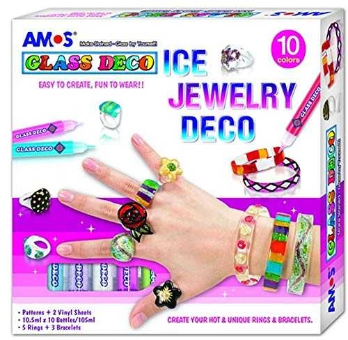 Vitražinių dažų rinkinys ICE JEWELERY, Amos, 10 spalvų po 10,5ml + 3 apyrankės + 5 žiedai