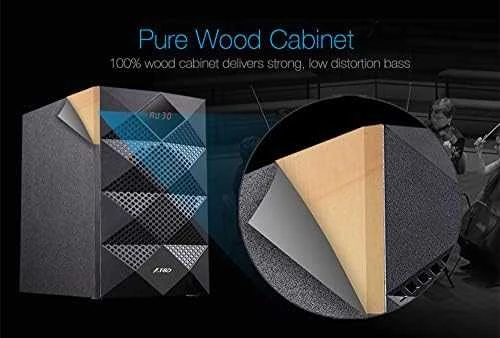 Kompiuterio kolonėlės Fenda F&D A180X 2.1 daugialypės terpės garsiakalbiai, 42W RMS (14Wx2+14W), 2x3'' palydovai + 5,25'' žemųjų dažnių garsiakalbis, BT 5.0/AUX/USB/FM/LED Ekranas/Nuotolinio valdymo pultas/Medinis/Juodas