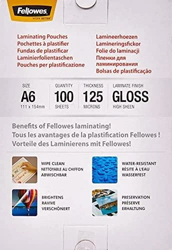 Fellowes Laminavimo popierius A6 Glossy 125micron