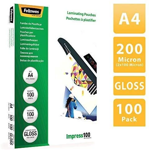 FELLOWES LAMINATING POUCH 100MIC A4 100PK