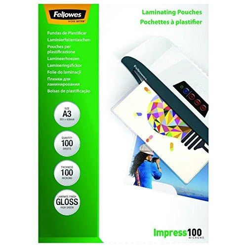 Fellowes | Laminavimo maišelis | A3 | Blizgus | Storis: 100 mikronų, kiekis pakuotėje: 100 vnt.; Idealiai tinka pranešimams, rankdarbių medžiagoms, iškaboms ir dažnai naudojamiems dokumentams; Suderinamas su visų prekių ženklų laminatoriais
