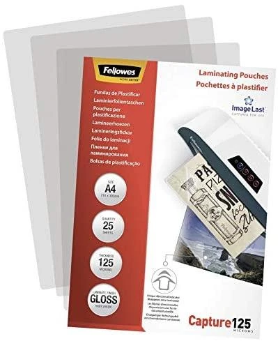 Fellowes | Laminavimo maišelis | A4 | Skaidrus | Storis: 125 mikronai, kiekis pakuotėje: 25 vnt.; Unikalus krypties rodyklės kokybės ženklas išnyksta laminavus.