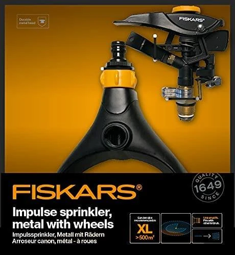 Fiskars Pulsinis purkštuvas su ratukais, metalinis