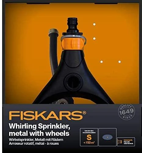 Fiskars besisukantis purkštuvas, metalinis, su ratukais 1023657