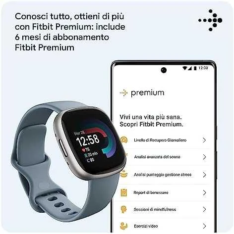 Išmanusis laikrodis Fitbit Versa 4, Platinos spalvos korpusas su melsvos spalvos silikoniniu dirželiu