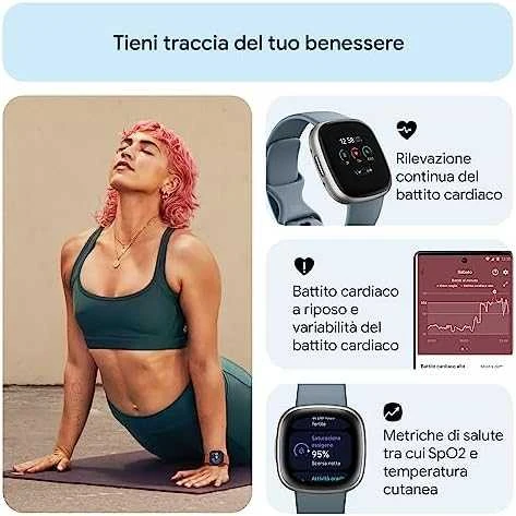 Išmanusis laikrodis Fitbit Versa 4, Platinos spalvos korpusas su melsvos spalvos silikoniniu dirželiu
