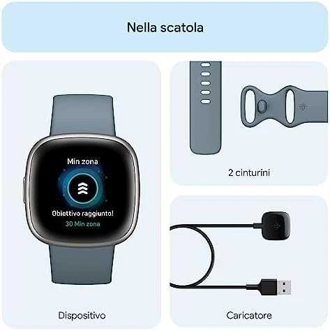 Išmanusis laikrodis Fitbit Versa 4, Platinos spalvos korpusas su melsvos spalvos silikoniniu dirželiu