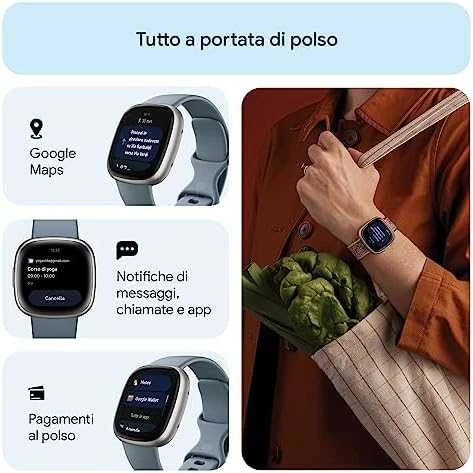 Išmanusis laikrodis Fitbit Versa 4, Platinos spalvos korpusas su melsvos spalvos silikoniniu dirželiu