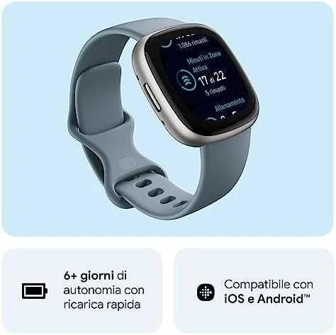 Išmanusis laikrodis Fitbit Versa 4, Platinos spalvos korpusas su melsvos spalvos silikoniniu dirželiu
