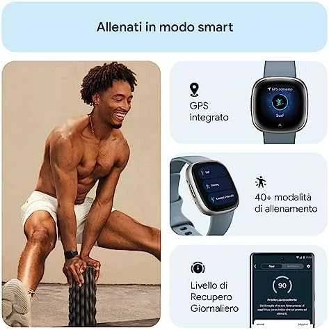 Išmanusis laikrodis Fitbit Versa 4, Platinos spalvos korpusas su melsvos spalvos silikoniniu dirželiu