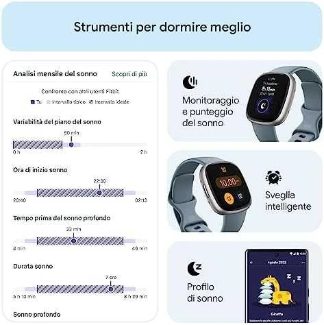 Išmanusis laikrodis Fitbit Versa 4, Platinos spalvos korpusas su melsvos spalvos silikoniniu dirželiu