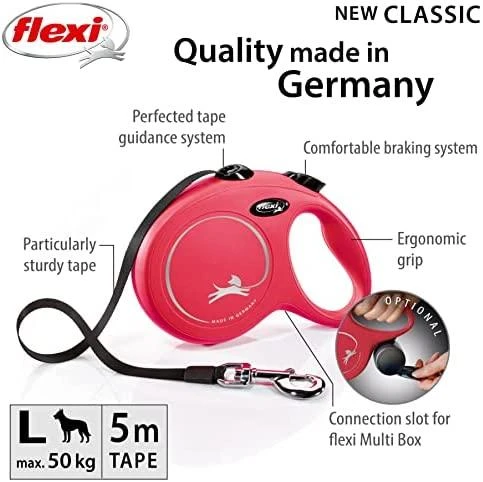 Flexi New Classic L pavadėlis šunims iki 50kg juostinis 5m raudonos spalvos