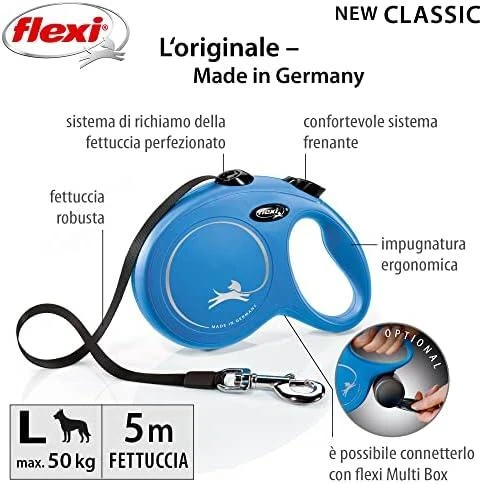 Flexi New Classic L pavadėlis šunims iki 50kg juostinis 5m mėlynos spalvos