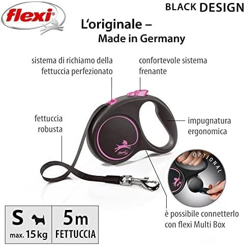 Flexi Black Design S pavadėlis šunims iki 15kg juostinis 5m rožinės spalvos