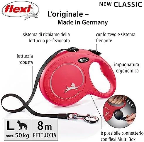 Flexi New Classic L pavadėlis šunims iki 50kg juostinis 8m raudonos spalvos