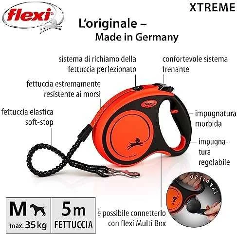 Flexi Xtreme šunų pavadėlis, M, max 35 kg, 5 m, oranžinis