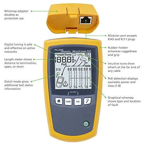 „Fluke networks“ FLUKE FL-MS-POE-KIT „MicroScanner PoE“ kabelių patikros testeris su papildomu kabeliu