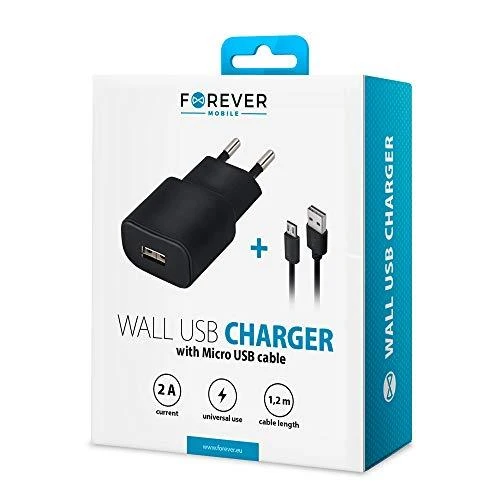 Forever TC-01 įkroviklis 1x USB 2A juodas + microUSB laidas